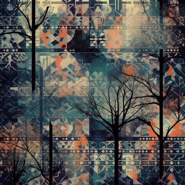 A colorful background with trees and a pattern that says " trees ".