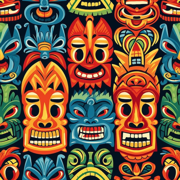 A colorful background with tribal masks.