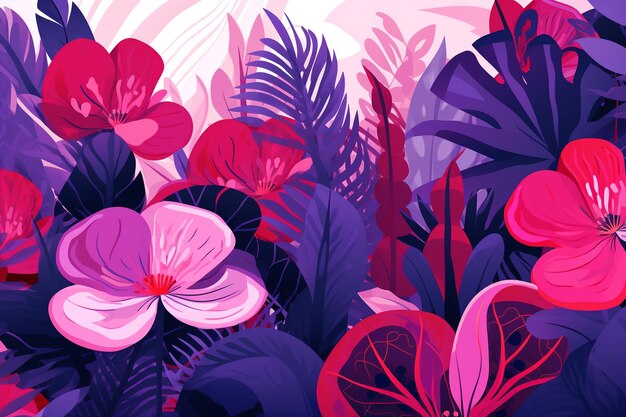 A colorful background with tropical flowers and leaves