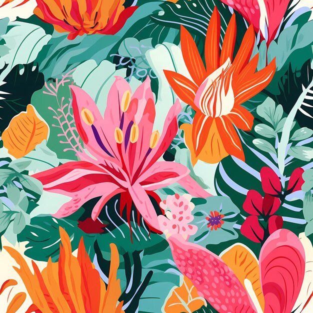 Photo a colorful background with tropical flowers and tropical plants.