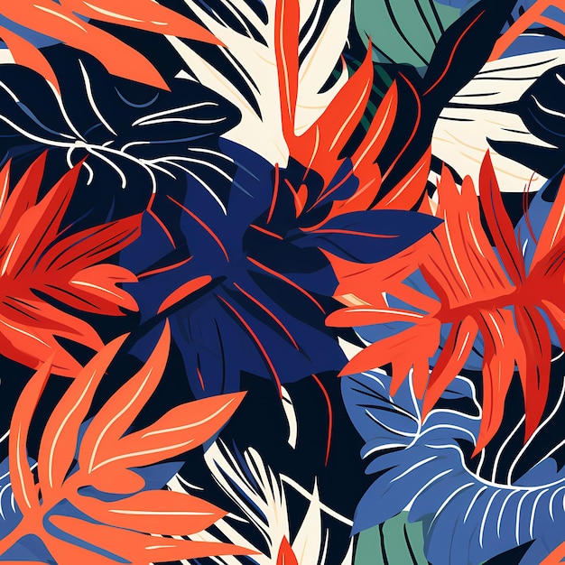 a colorful background with tropical plants and flowers.