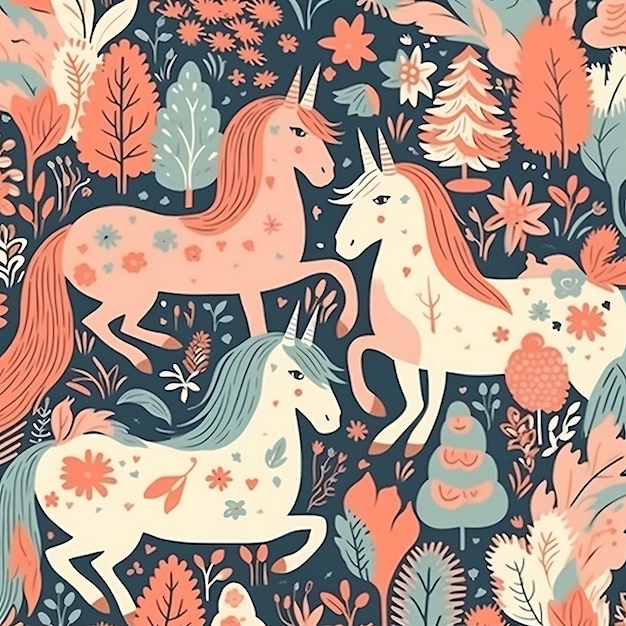 A colorful background with a unicorn and a tree with leaves.