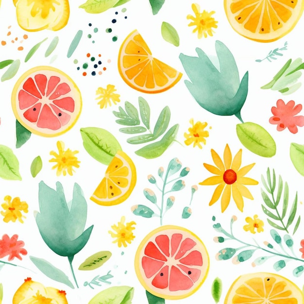 A colorful background with a variety of fruits and flowers.