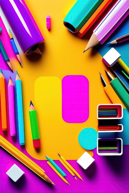 Colorful background with variety of school supplies top view