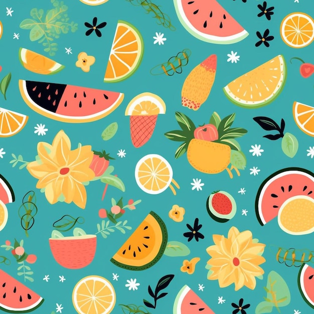 A colorful background with a variety of tropical fruits and flowers.