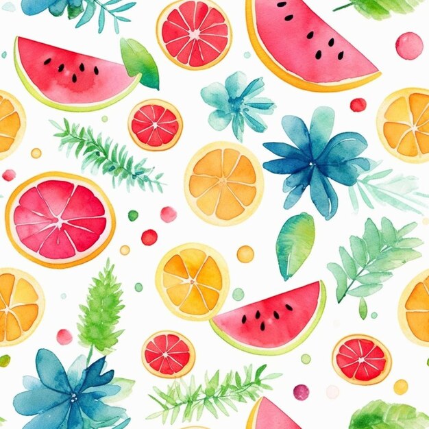 A colorful background with watermelon, watermelon, and fruit.