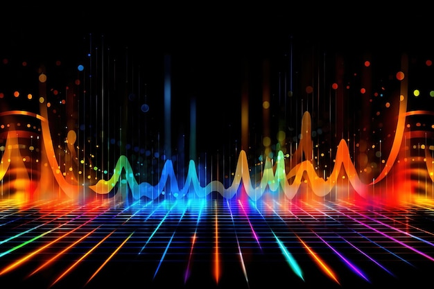 A colorful background with a wave and a line that says music on it