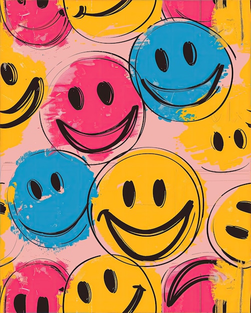 Photo a colorful background with a yellow smiley face and pink and blue smiley face