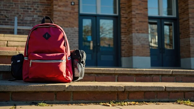Photo a colorful backpack resting on the steps of a brick school building entryway in the morning sunlight