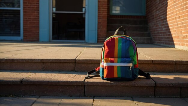 Photo a colorful backpack resting on the steps of a brick school building entryway in the morning sunlight