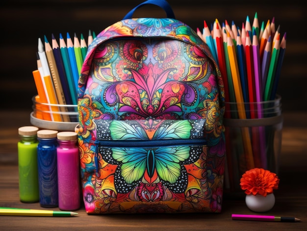Foto sack colorato con matite e marcatori