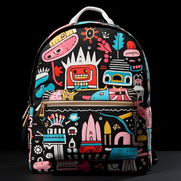 A colorful backpack with a picture of a child's face on it.