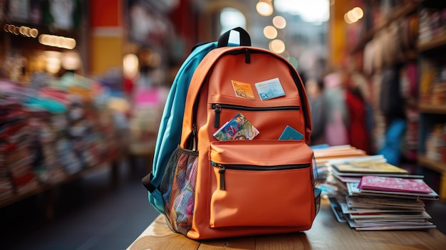 colorful backpack with a stack of textbooks inside