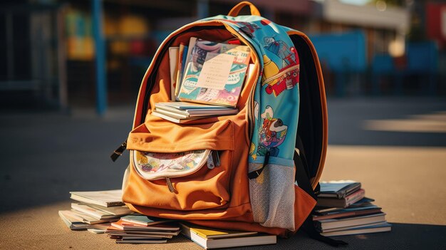 colorful backpack with a stack of textbooks inside