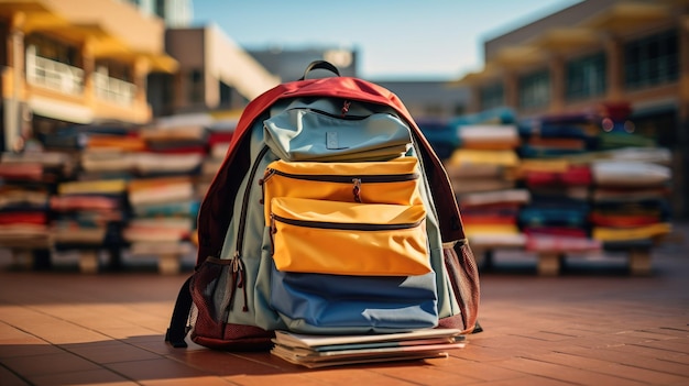 colorful backpack with a stack of textbooks inside