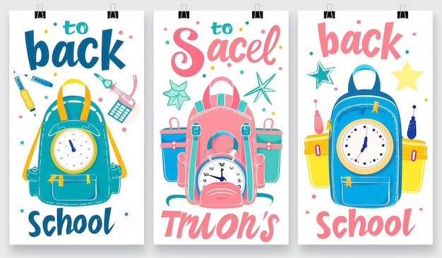 시계 표지판, 서류 및 동기 부여 텍스트가 그려진 배을 특징으로 하는 다채로운 BacktoSchool 포스터