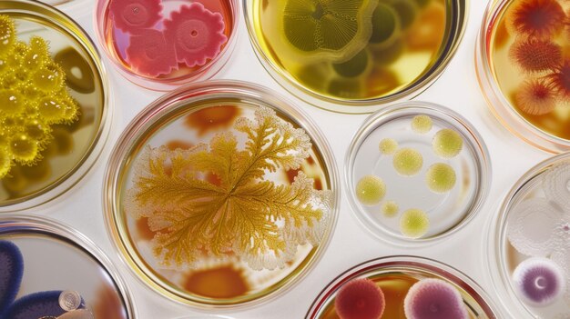 Photo colorful bacterial colonies in petri dishes showcasing scientific research aesthetics