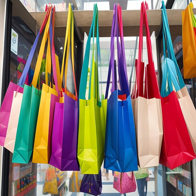 A colorful bag is hanging in a group of colorful shopping bags generated by ai