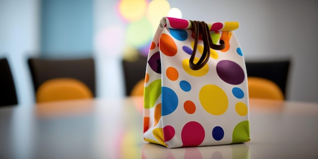 A colorful bag on a table with a brown leather strap.