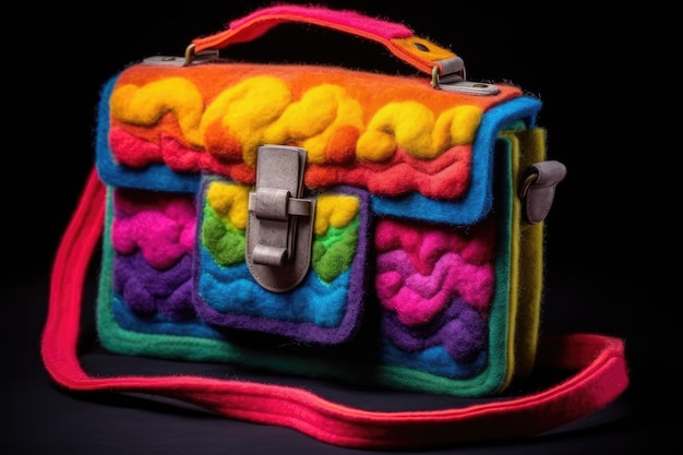 A colorful bag with a buckle that says'rainbow'on it