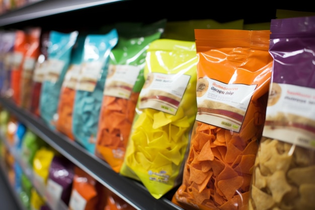 Photo colorful bags of chips on a grocery store shelf