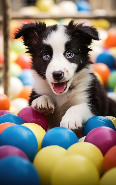 Colorful ball herding by an energetic puppy