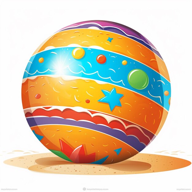 A colorful ball is on the sand with the word beach on it.