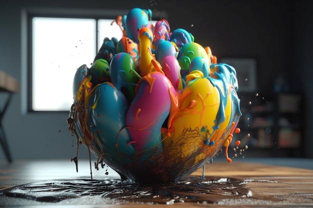 A colorful ball of paint is surrounded by a large heart.