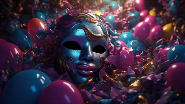 A colorful ball pit with a mask in the middle