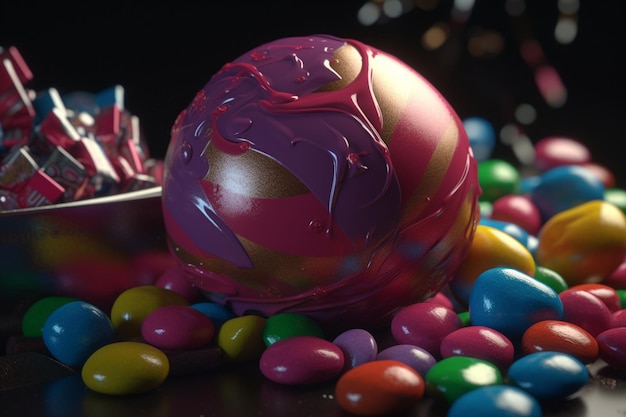 A colorful ball sits among many colorful candies.