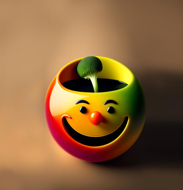 A colorful ball with a face and a vegetable inside it.