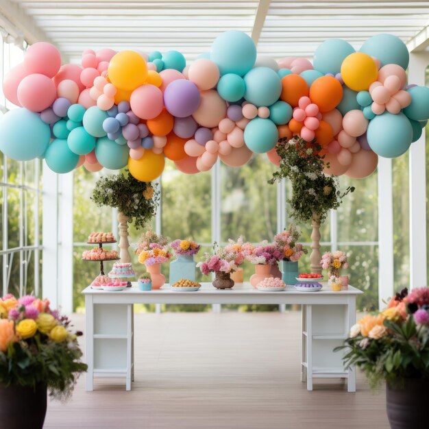 Photo colorful balloon arches over dessert table