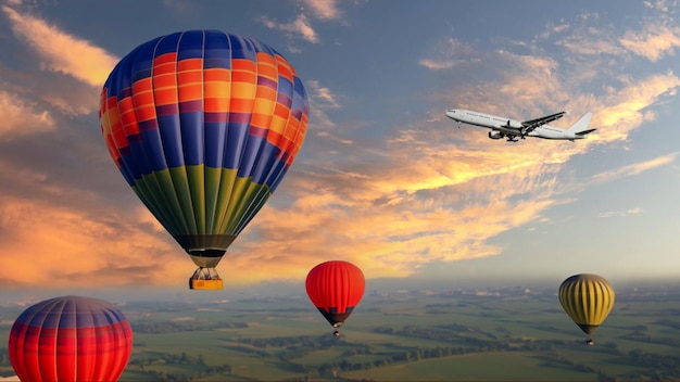 夕暮れの空を飛ぶカラフルな風船