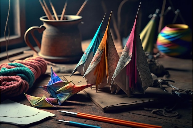 Colorful balloon kites on the table in preparation for party decorations