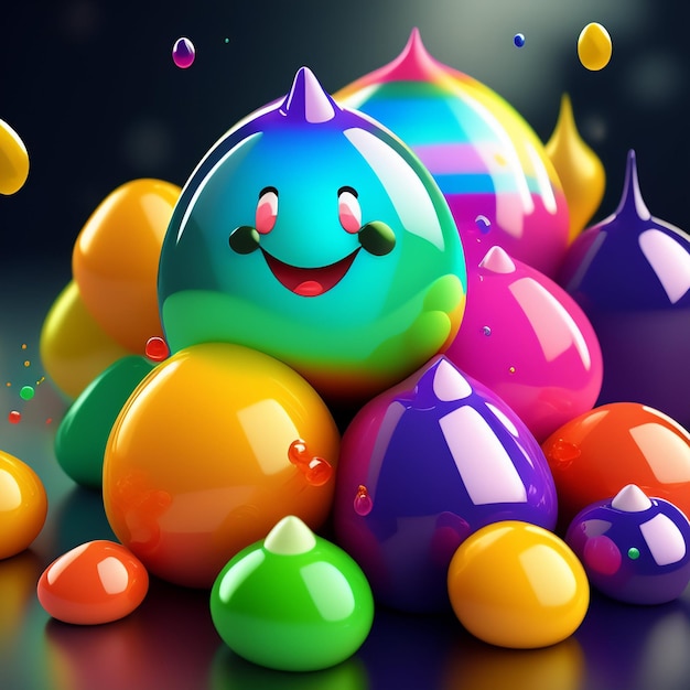 Красочный воздушный шар с лицом окружен множеством разноцветных шариков.