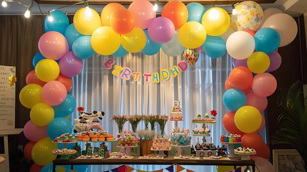 Colorful balloons arch over a table set with a variety of desserts