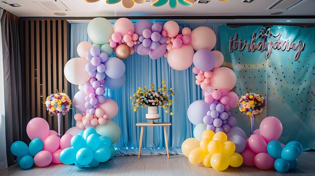 Colorful balloons arch with flowers for birthday party Pastel color balloons Blue background