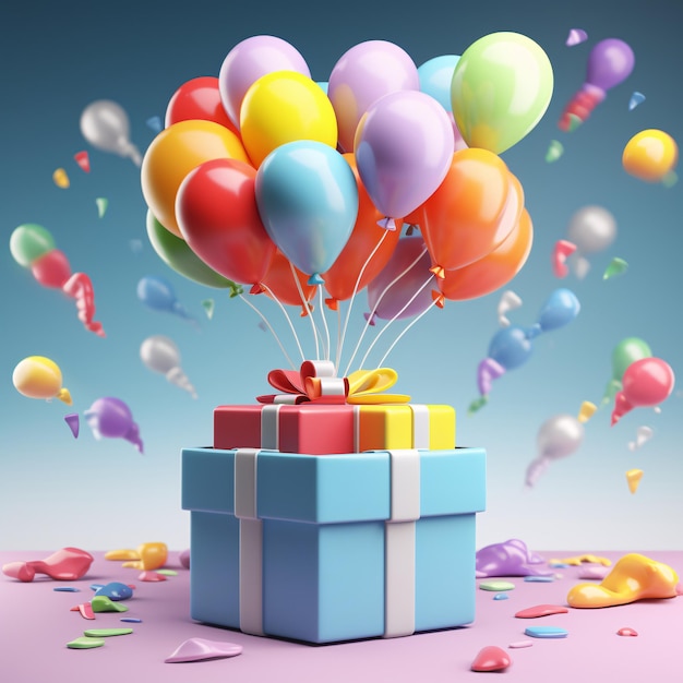 colorful balloons are floating and bursting out of a blue gift box generative ai