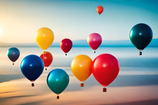 Photo colorful balloons on the beach with a blue sky in the background