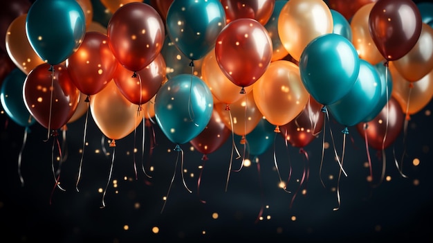 Colorful balloons on black background with copy space