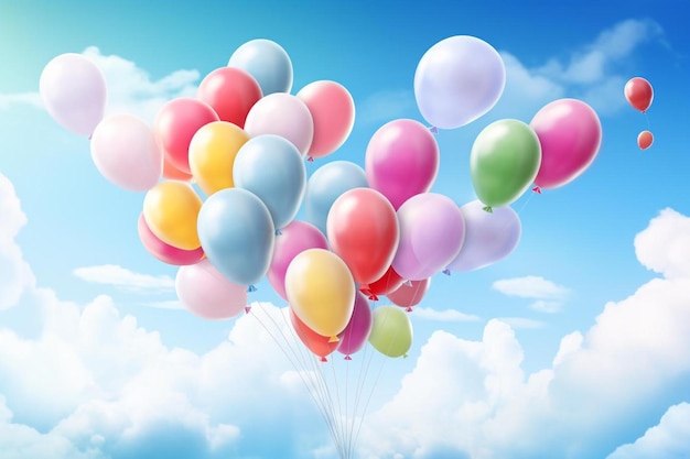 colorful balloons on a blue sky background with a few clouds.