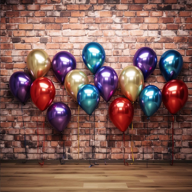 Photo colorful balloons on a brick wall background 3d render