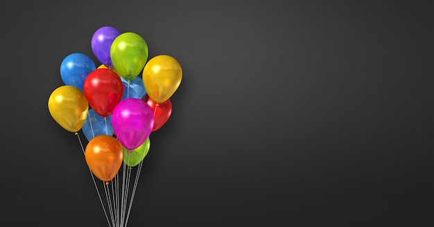 Colorful balloons bunch on a black wall background. Horizontal banner. 3D illustration render