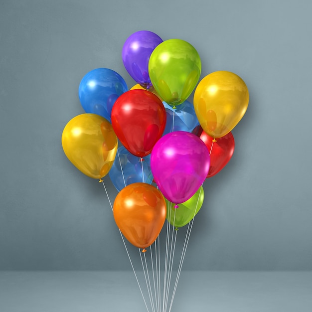 Colorful balloons bunch on a grey wall. 3D render