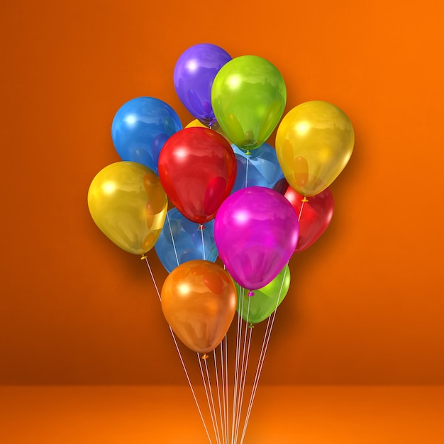 Colorful balloons bunch on orange wall background. 3D illustration render