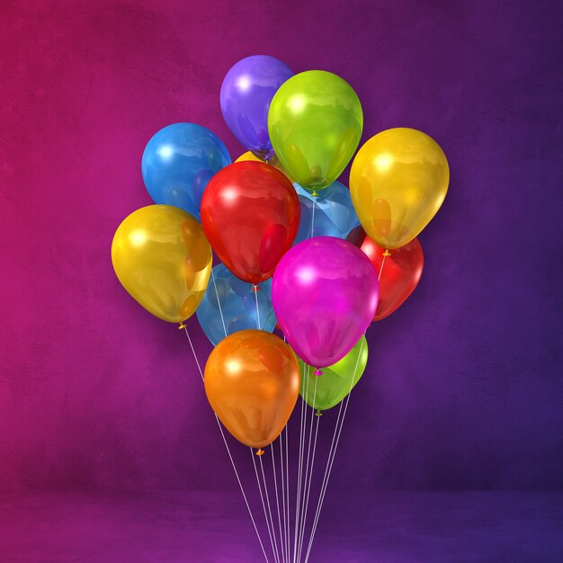 Photo colorful balloons bunch on a purple wall background. 3d illustration render