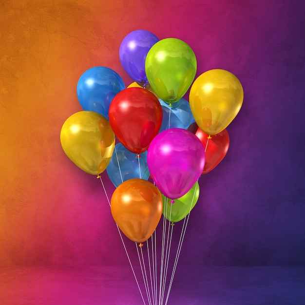 Colorful balloons bunch on a rainbow wall background. 3D illustration render