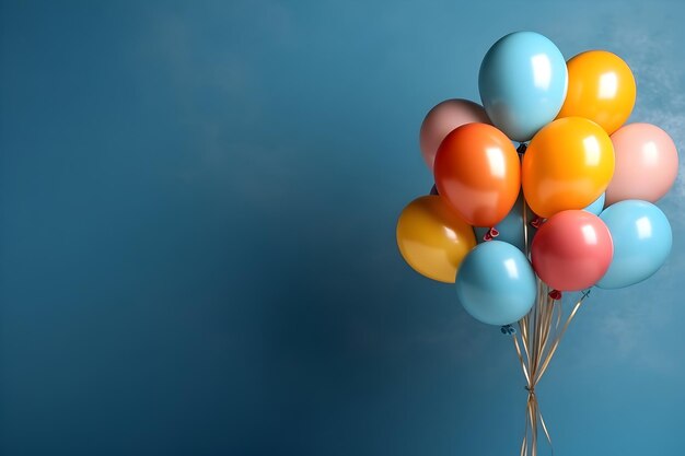 Colorful balloons bunch tied on a blue wall background with copy space Birthday wedding party or celebration concept Generated AI