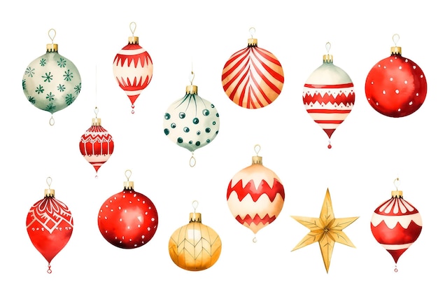 Красочные воздушные шары на рождественскую и новогоднюю тематику в акварельном стиле изолируют на белом.