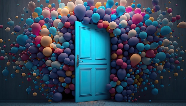 Colorful balloons coming out of a blue door